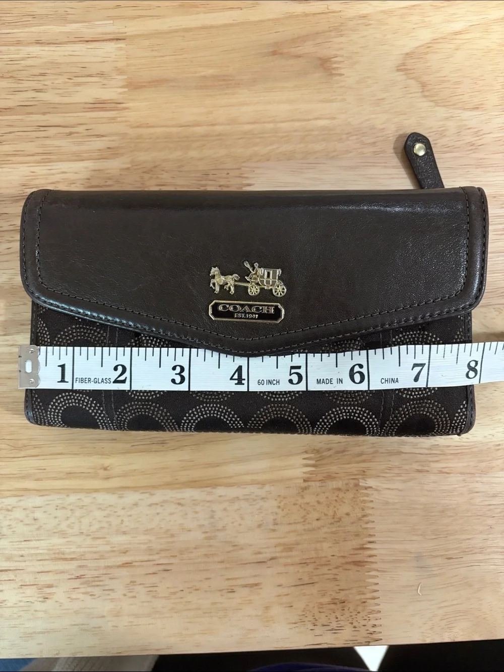 Coach Dark Brown Signature Circle Pattern Continental Wallet with check book